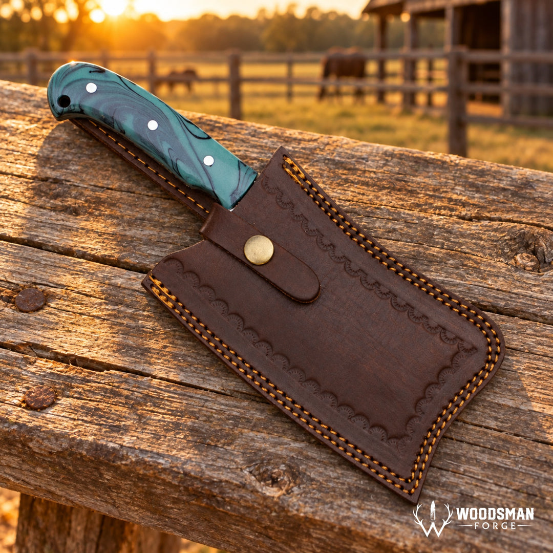 A large cleaver-style knife with a green marbled handle rests in a brown leather sheath on a rustic wooden fence, with a blurred outdoor farm scene in the background. The Woodman Forge logo appears in the bottom right corner.