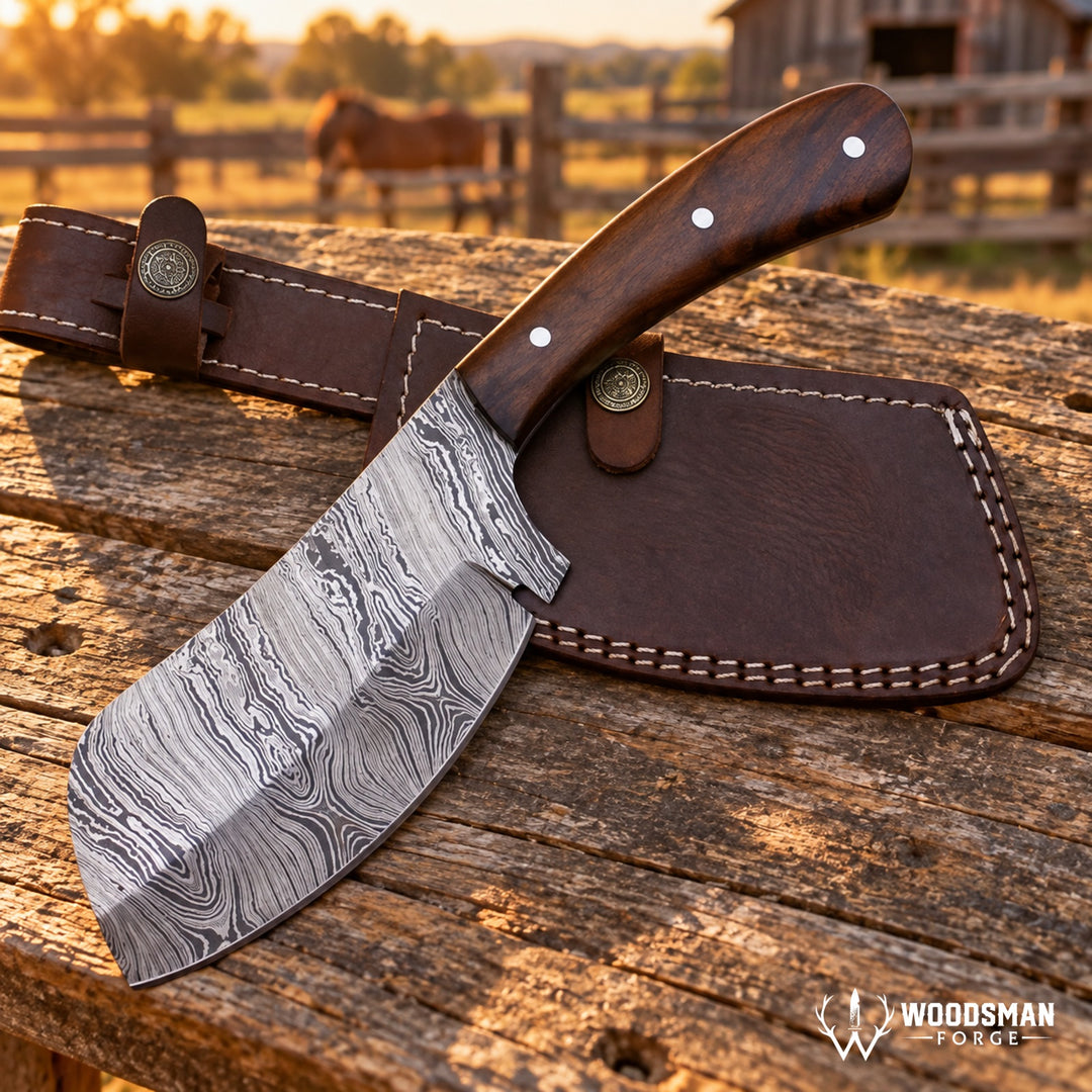 A large fixed-blade knife with a patterned Damascus-style steel blade and a dark wood handle, displayed diagonally across a brown leather sheath on a rustic wooden table. The background shows a blurred outdoor ranch scene with a horse and barn at sunset.