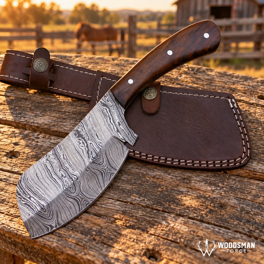 A large fixed-blade knife with a patterned Damascus-style steel blade and a dark wood handle, displayed diagonally across a brown leather sheath on a rustic wooden table. The background shows a blurred outdoor ranch scene with a horse and barn at sunset.
