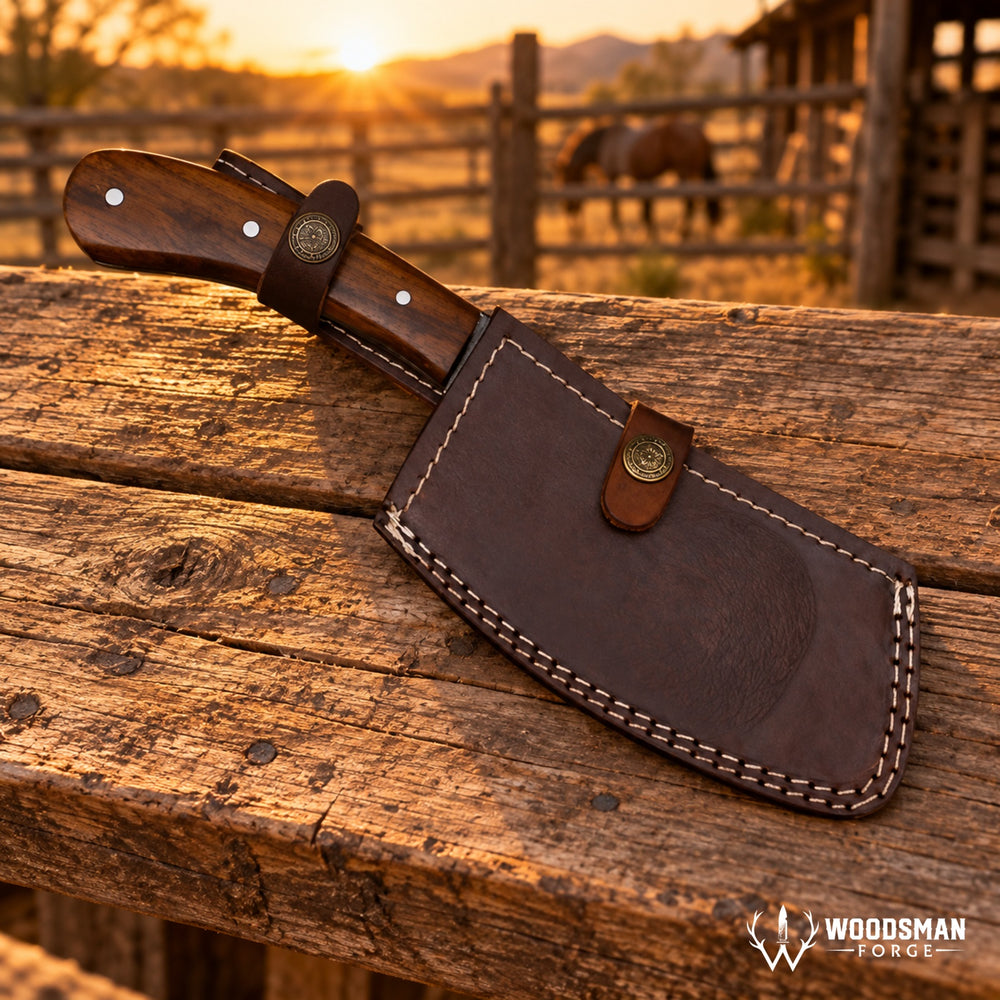 A fixed-blade knife with a dark wood handle and a dark brown leather sheath, resting on a rustic wooden fence rail at sunset. A blurred outdoor ranch scene with horses and mountains is in the background.