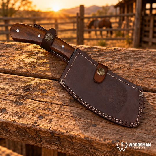 A fixed-blade knife with a dark wood handle and a dark brown leather sheath, resting on a rustic wooden fence rail at sunset. A blurred outdoor ranch scene with horses and mountains is in the background.