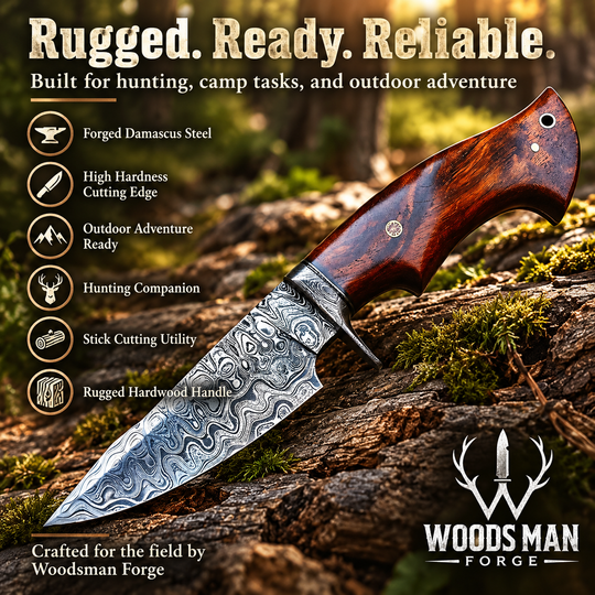 Hunting Damascus Knife Fixed Blade 10" Handmade Patented - Predator Hunter WOODSMAN FORGE