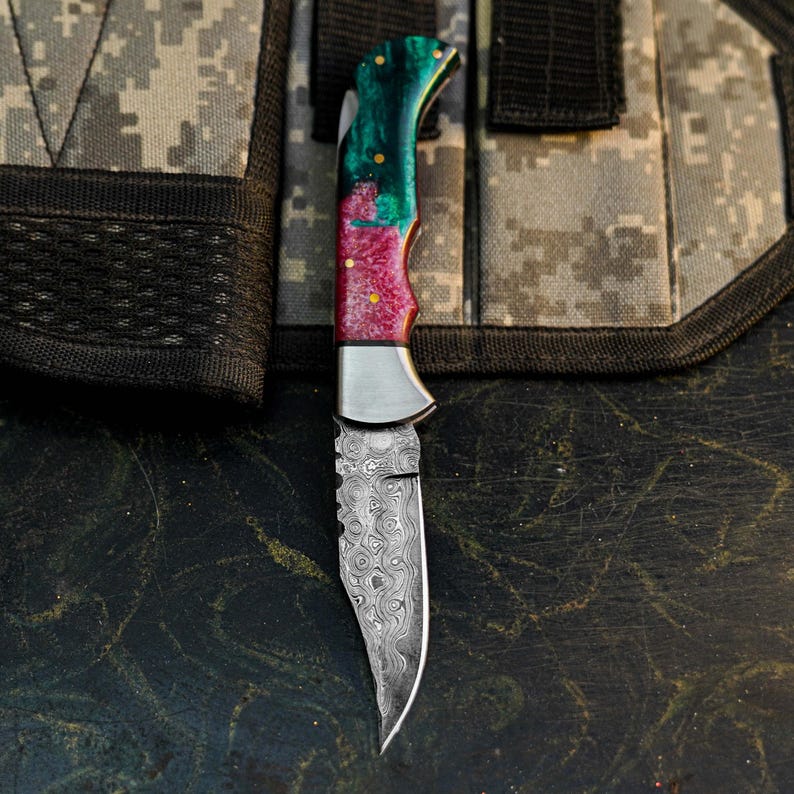 Damascus Folding Pocket Knife with Resin Handle | Handmade Hunting Knife