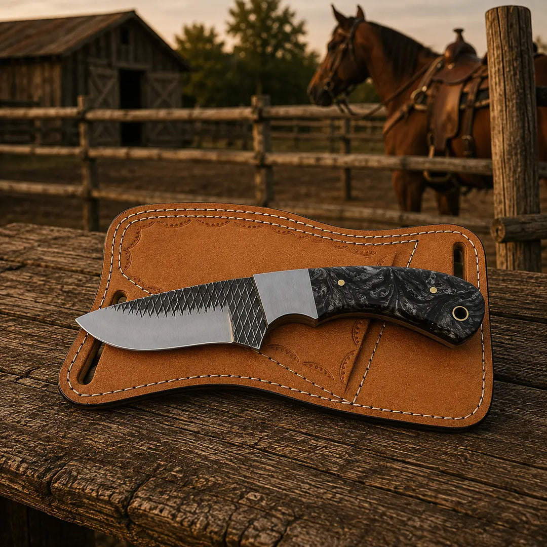 A fixed-blade knife with a textured silver blade and dark marbled handle rests on a tan leather sheath on a rustic wooden table, with a barn, fence, and horse visible in the background.
