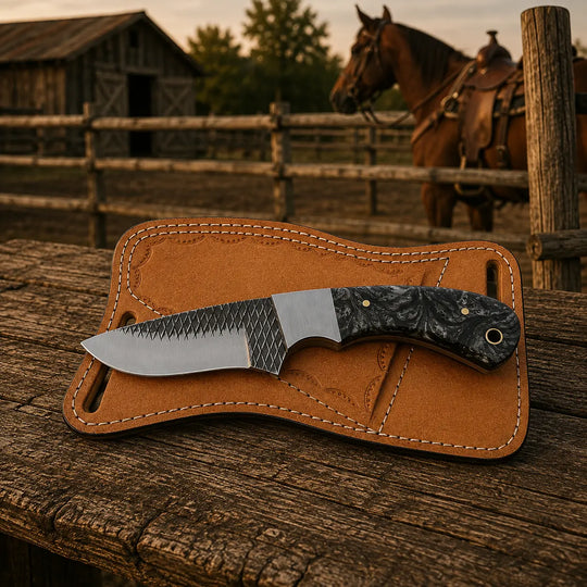 A fixed-blade knife with a textured silver blade and dark marbled handle rests on a tan leather sheath on a rustic wooden table, with a barn, fence, and horse visible in the background.