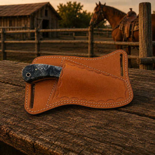 A tan leather knife sheath holding a folding knife with a dark textured handle, resting on a rustic wooden fence in an outdoor barn setting with a horse in the background.