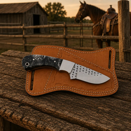 A fixed-blade knife with a textured black handle and a stamped silver blade rests on a tan leather sheath, placed on a rustic wooden table with a barn, fence, and horse in the background.
