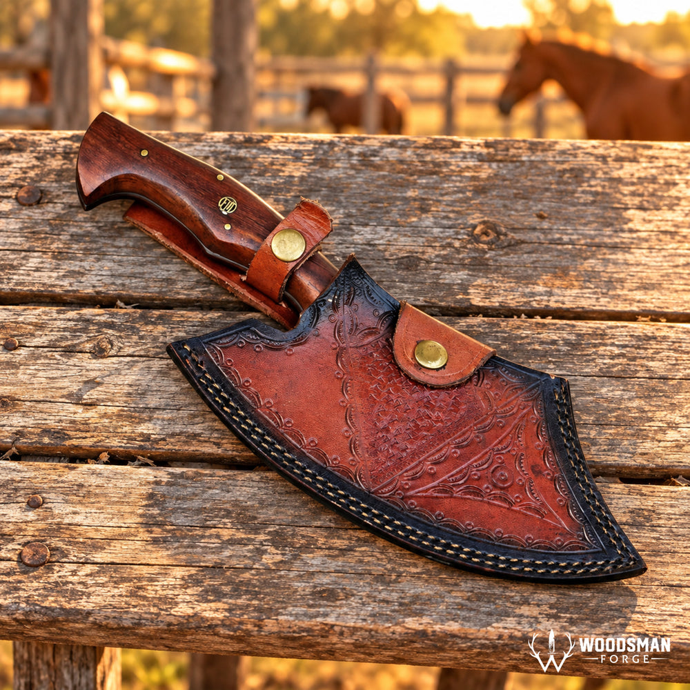 A large fixed-blade knife with a carved wooden handle and a tooled leather sheath, displayed on a rustic wooden fence with horses blurred in the background. The Woodman Force logo is visible in the bottom right corner.