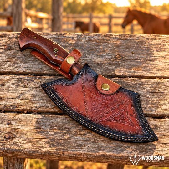 A large fixed-blade knife with a carved wooden handle and a tooled leather sheath, displayed on a rustic wooden fence with horses blurred in the background. The Woodman Force logo is visible in the bottom right corner.