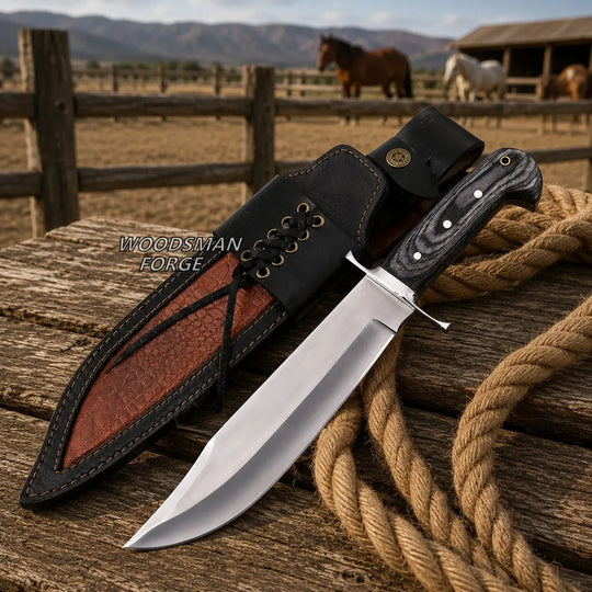 A fixed-blade knife with a silver blade and black handle is displayed beside a black leather sheath with a brown interior, set on a rustic wooden surface with coiled rope and a blurred outdoor ranch background with horses.