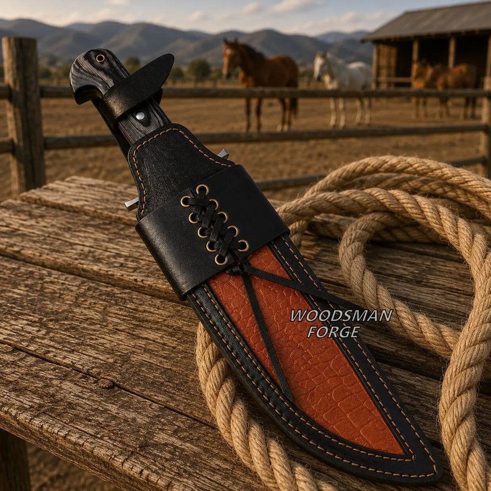 A black leather sheath with brass eyelets holding a knife handle, placed on a rustic wooden fence beside a coiled rope, with horses and mountains blurred in the background. The text 'WOODSMAN FORGE' appears on the sheath.