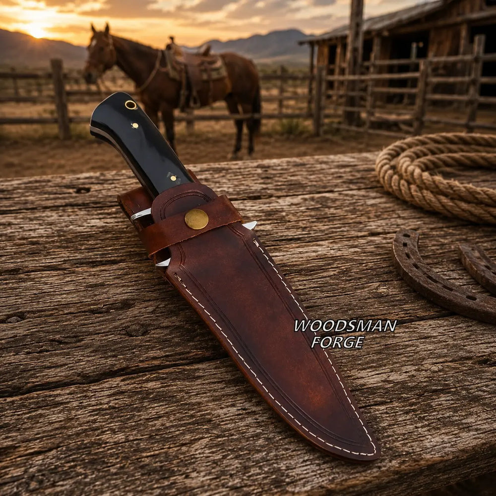 A fixed-blade knife in a brown leather sheath rests on a rustic wooden surface, with a horse, fence, barn, and mountains visible in the warm sunset background. The text 'WOODSMAN FORGE' appears on the image.