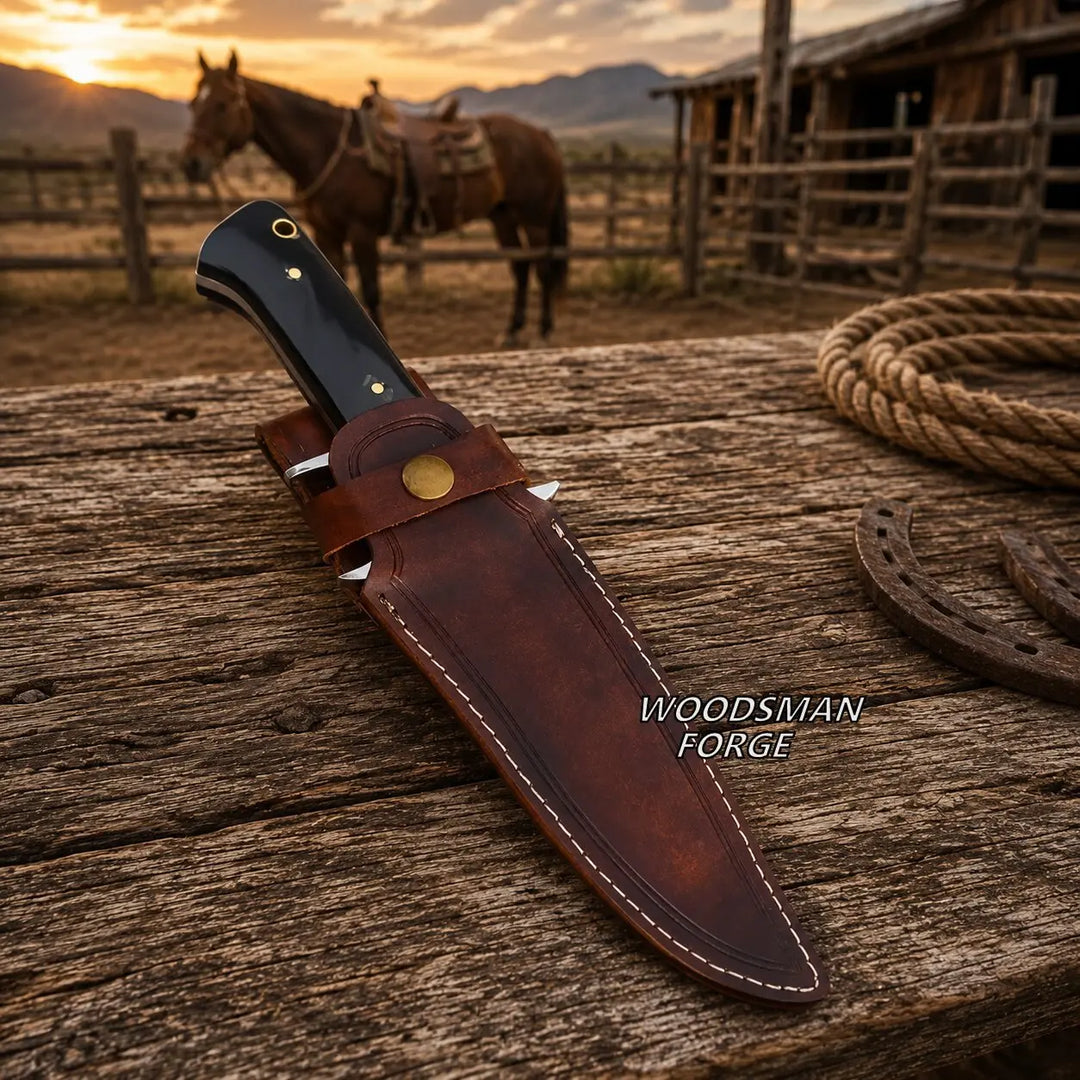 A fixed-blade knife in a brown leather sheath rests on a rustic wooden surface, with a horse, fence, barn, and mountains visible in the warm sunset background. The text &
