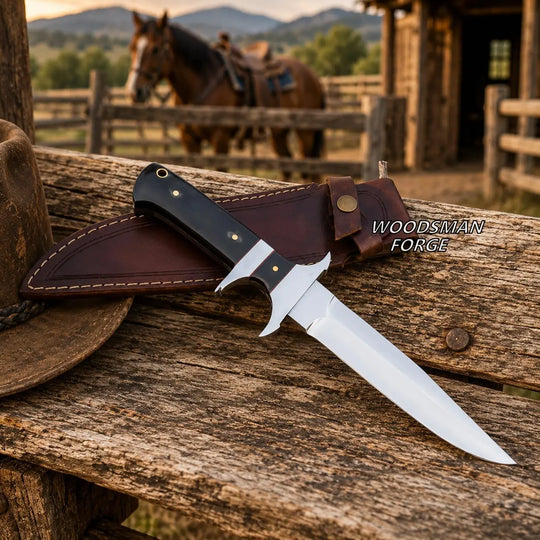 A fixed-blade knife with a black handle and silver blade rests on a weathered wooden fence in a rustic outdoor setting, with a leather sheath and a cowboy hat nearby. A horse and log cabin are blurred in the background.