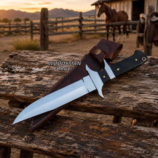 A fixed-blade knife with a silver blade and black handle rests on a weathered wooden bench in a rustic outdoor setting at sunset, with a leather sheath behind it and a horse in the background. The text &