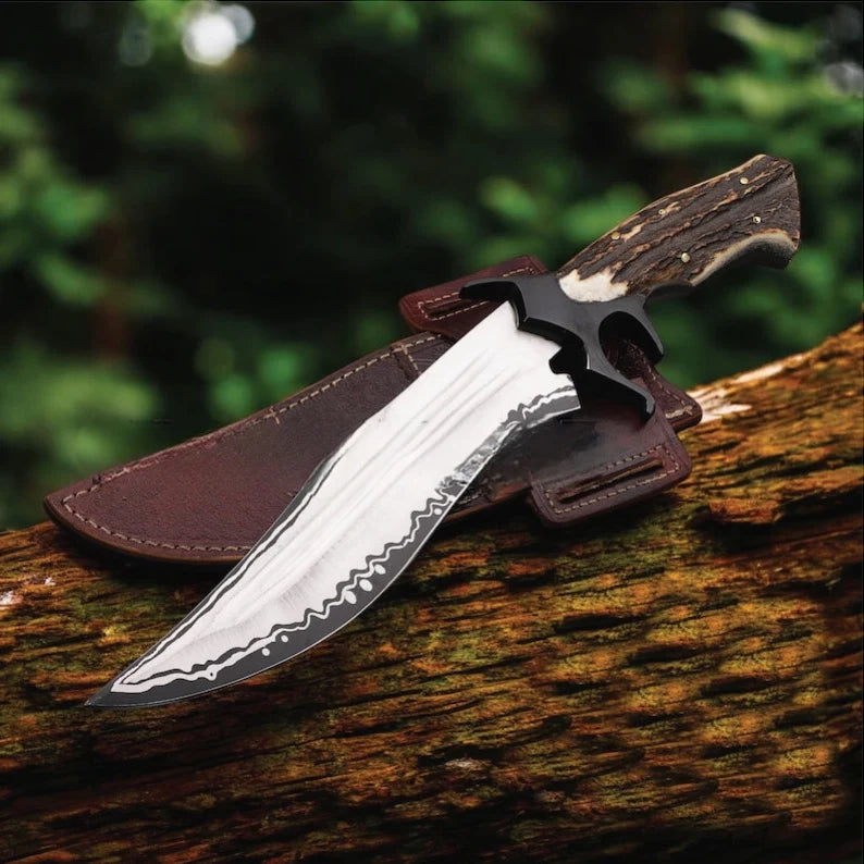 Hand Forged D2 Steel Bowie Knife with Genuine Stag Antler Handle &amp; Leather Sheath