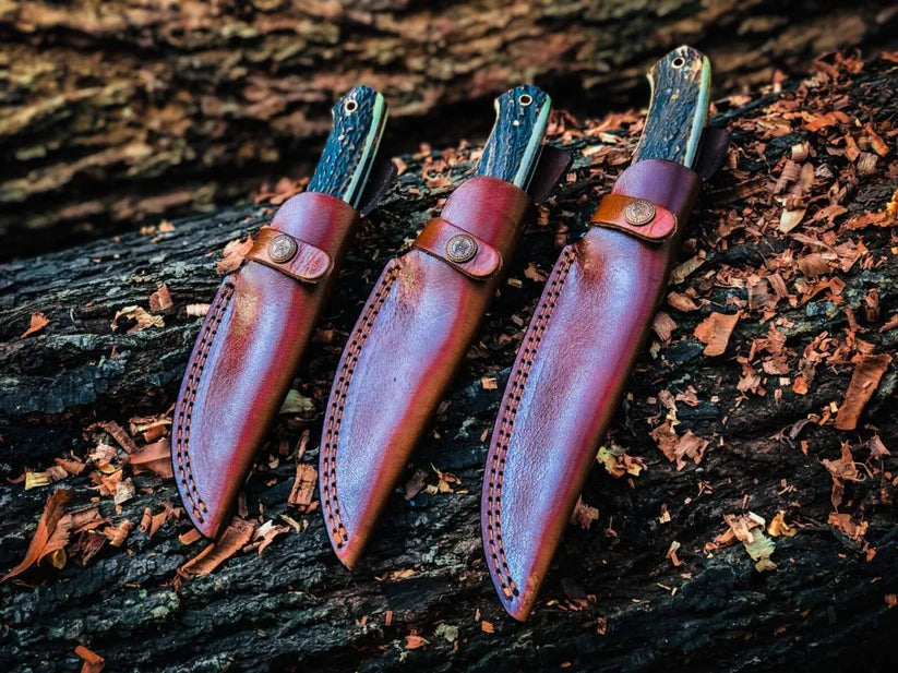 3-Piece Stag Horn Fixed Blade Knife Set with Leather Sheaths