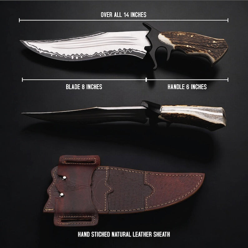 Hand Forged D2 Steel Bowie Knife with Genuine Stag Antler Handle &amp; Leather Sheath