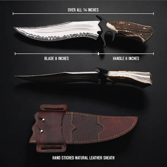 Hand Forged D2 Steel Bowie Knife with Genuine Stag Antler Handle &amp; Leather Sheath