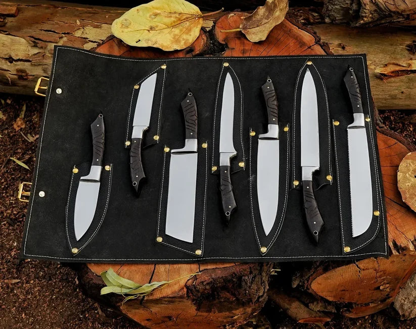 Handmade J2 Steel Chef Knife Set with Wenge Wood Handles & Leather Roll