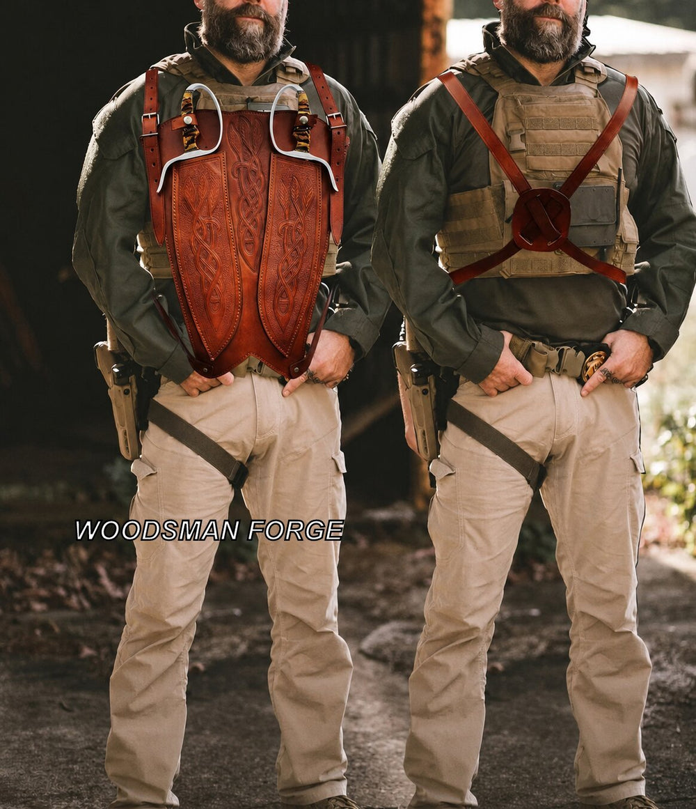Two men wearing tactical gear and tan pants stand outdoors side by side, each carrying a brown leather chest rig with red straps. One rig has a large shield-shaped panel, and the other has a red crossbody strap.
