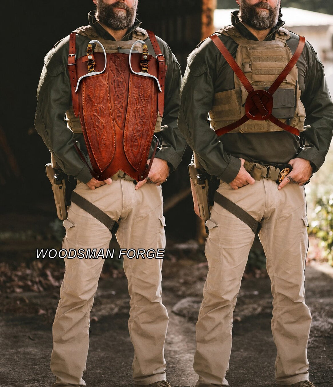 Two men wearing tactical gear and tan pants stand outdoors side by side, each carrying a brown leather chest rig with red straps. One rig has a large shield-shaped panel, and the other has a red crossbody strap.