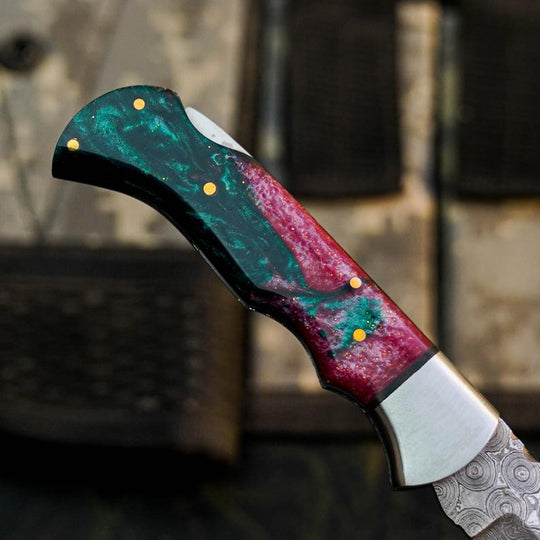 Damascus Folding Pocket Knife with Resin Handle | Handmade Hunting Knife