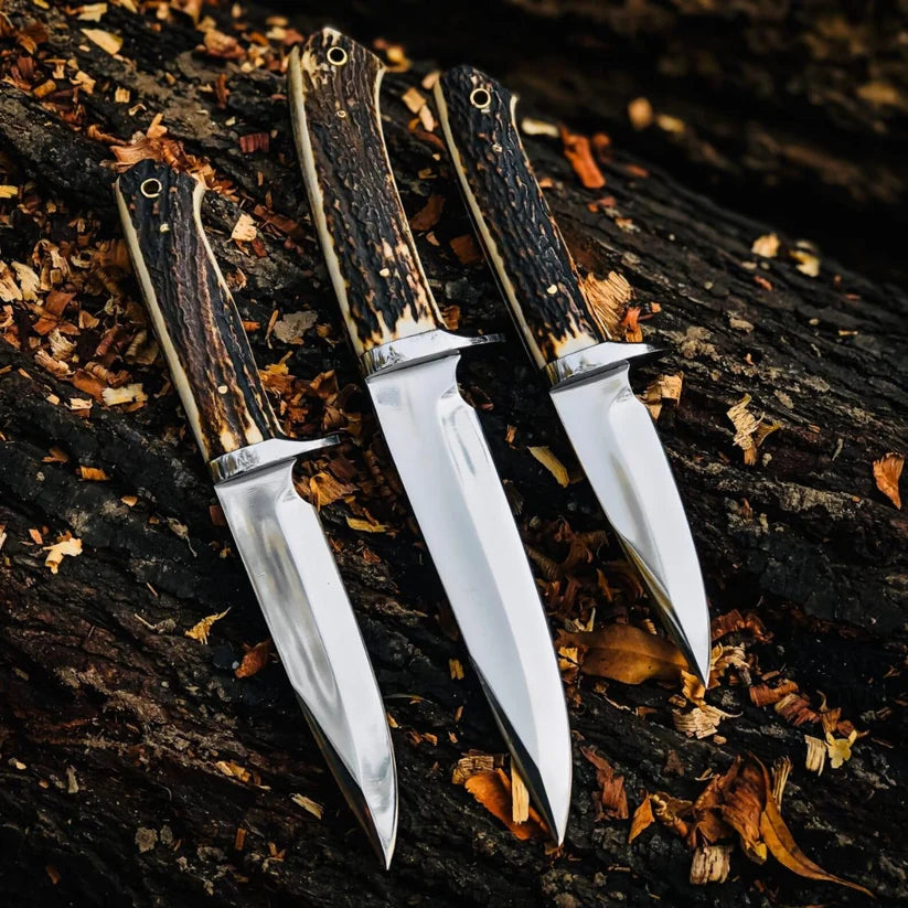 3-Piece Stag Horn Fixed Blade Knife Set with Leather Sheaths