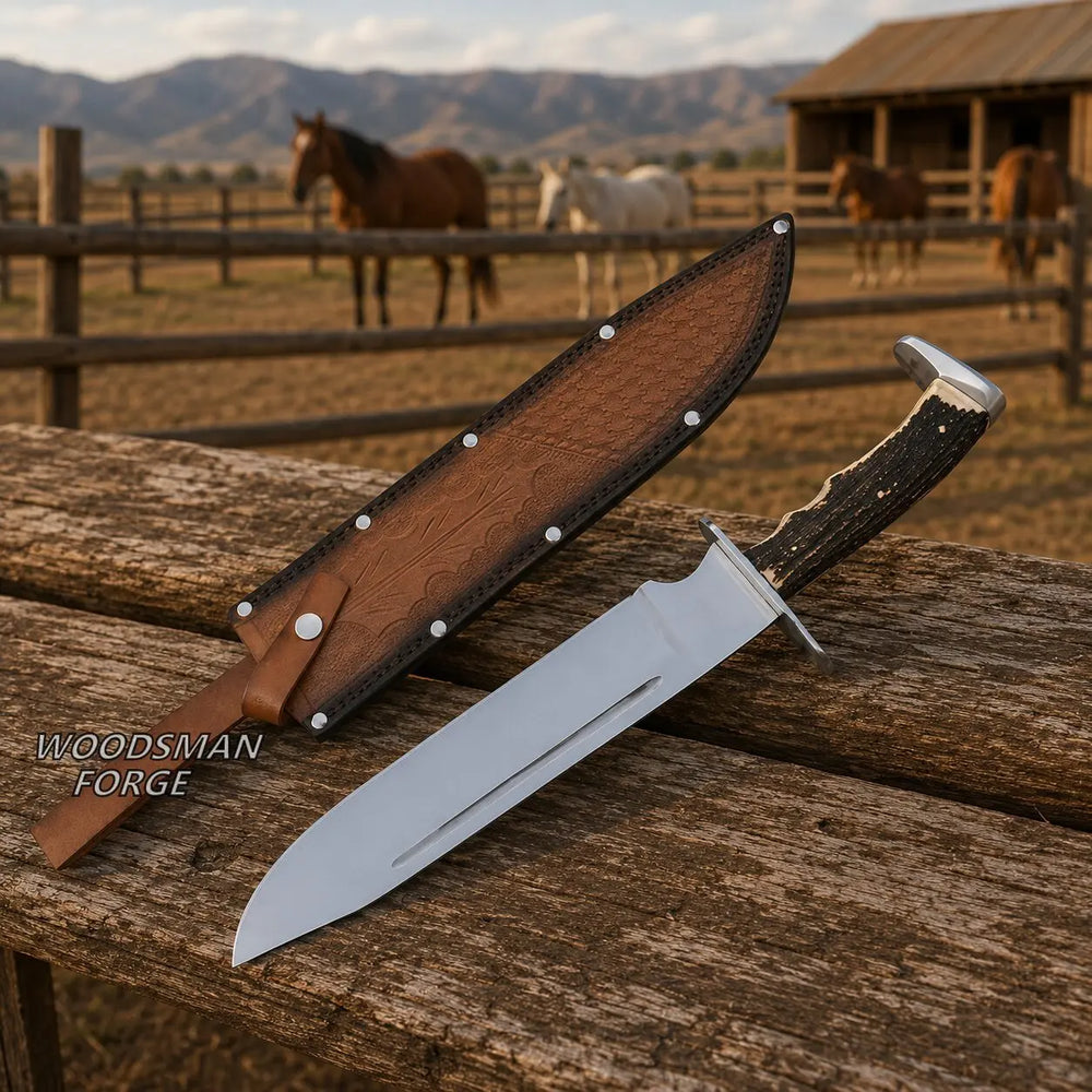 Highlandstag Bowie Knife – 18" D2 Steel, Stag Horn Handle & Steel Guard WOODSMAN FORGE