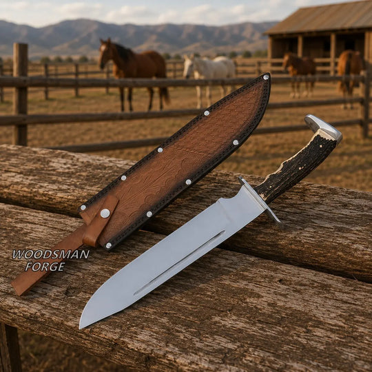 Highlandstag Bowie Knife – 18" D2 Steel, Stag Horn Handle &amp; Steel Guard WOODSMAN FORGE