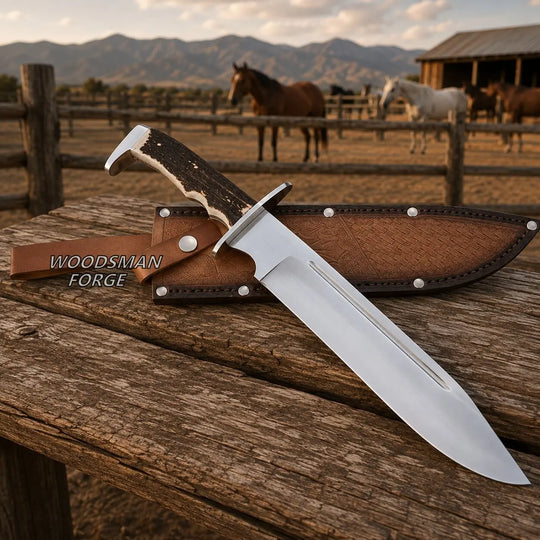 Highlandstag Bowie Knife – 18" D2 Steel, Stag Horn Handle &amp; Steel Guard WOODSMAN FORGE
