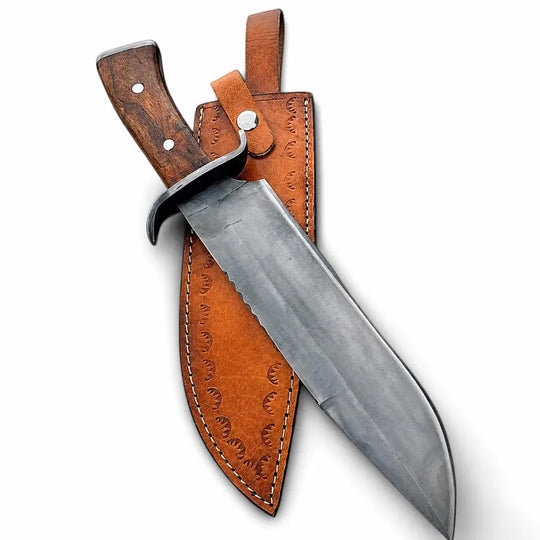Hand Forged Bowie Hunting Knife with Wooden Handle &amp; Leather Sheath