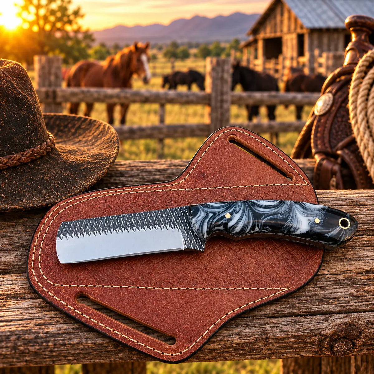 A fixed-blade knife with a black and white marbled handle rests on a brown leather sheath on a rustic wooden fence. A cowboy hat is partially visible on the left, and a leather saddle is on the right, with horses and a barn in the background at sunset.