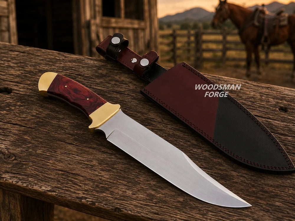 A fixed-blade knife with a polished silver blade, a reddish-brown wood-grain handle with gold-toned bolster, and a dark brown leather sheath, displayed on a rustic wooden table with a horse and barn in the background.