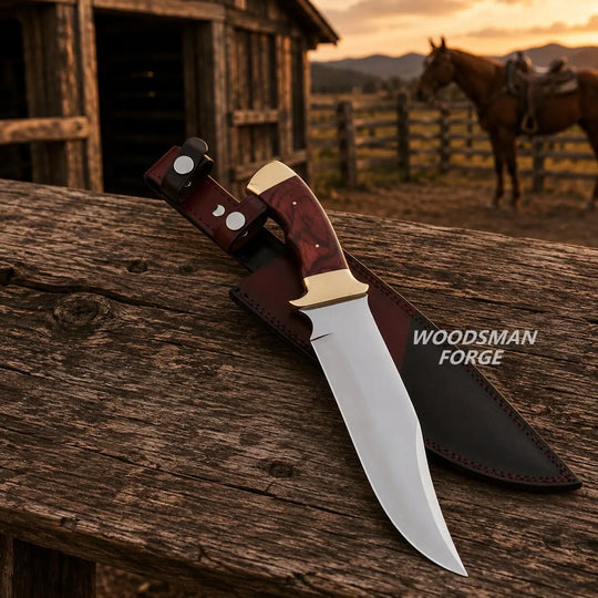 A fixed-blade knife with a silver blade, gold-toned bolster, and reddish-brown wooden handle rests on a weathered wooden surface next to a dark leather sheath. The background shows a rustic outdoor scene with a horse and barn at sunset.