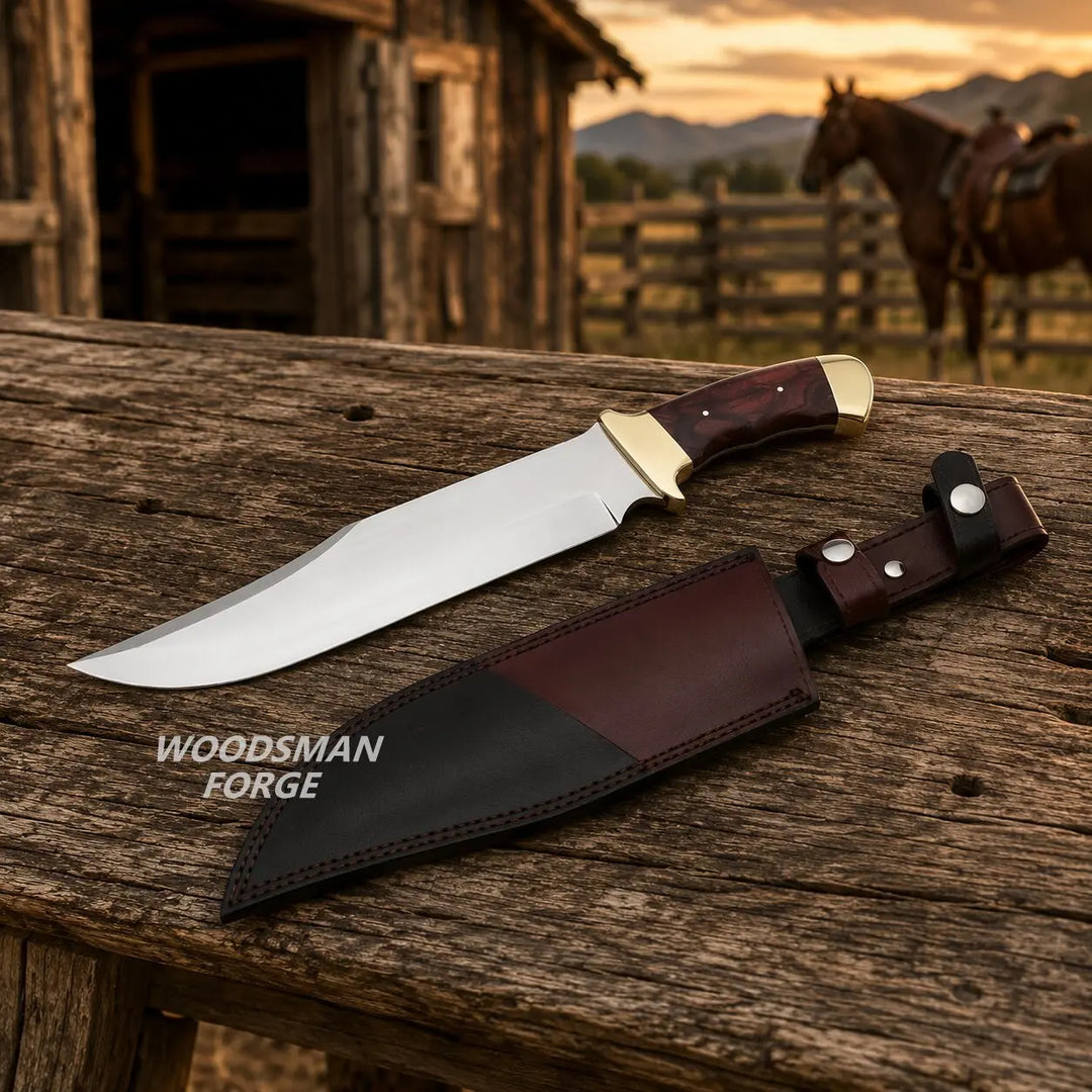 A fixed-blade knife with a silver blade, brass bolster, and dark wood handle rests on a rustic wooden surface beside a matching dark brown leather sheath. The background shows a blurred outdoor ranch scene with a horse and mountains at sunset.
