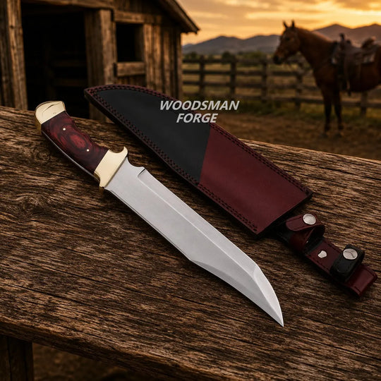 A fixed-blade knife with a silver blade and reddish-brown handle lies on a wooden surface beside a matching dark leather sheath. A horse and rustic barn are visible in the blurred background at sunset, with the text &