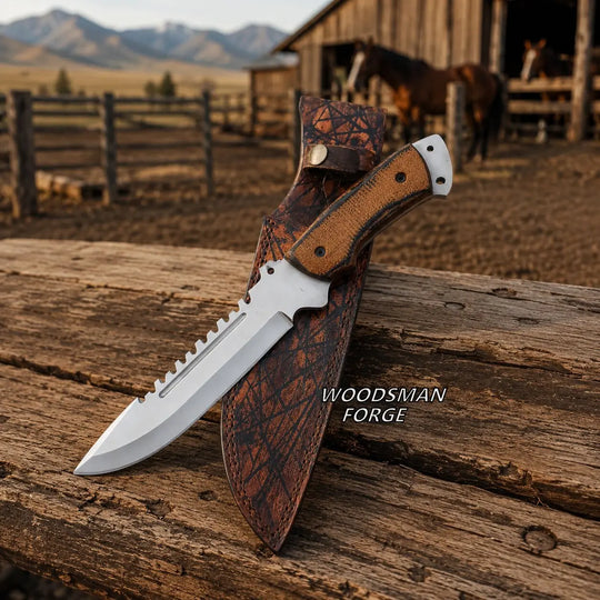 A fixed-blade knife with a silver serrated blade and brown handle, resting on a leather sheath on a rustic wooden surface, with a barn, fence, and mountains in the background. The text &