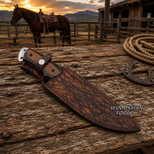 A large fixed-blade knife in a brown leather sheath rests on a rustic wooden table, with a horse, fence, mountains, and sunset visible in the background. The text &
