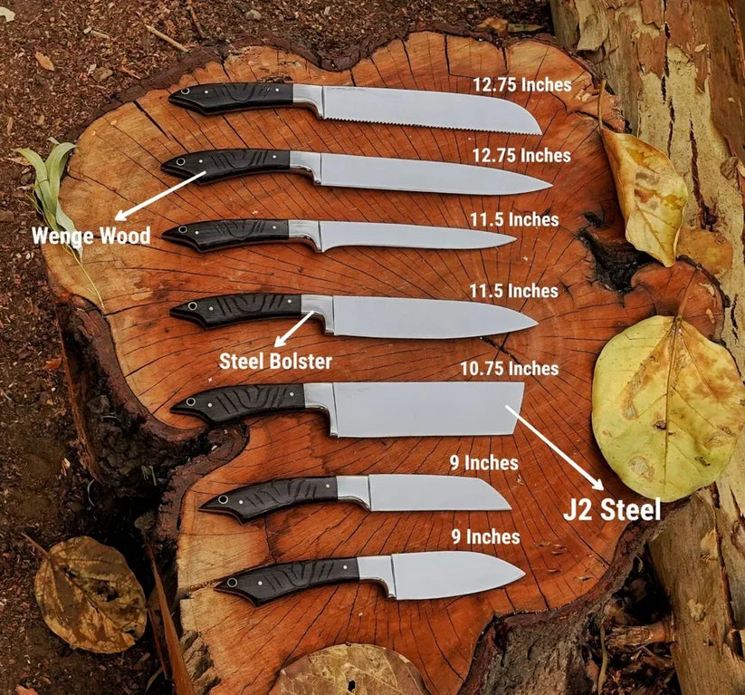 Handmade J2 Steel Chef Knife Set with Wenge Wood Handles &amp; Leather Roll