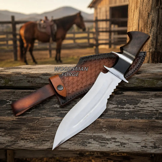 A fixed-blade knife with a polished silver blade and dark brown handle, shown partially sheathed in a brown leather sheath on a rustic wooden fence. A horse and barn are blurred in the background.