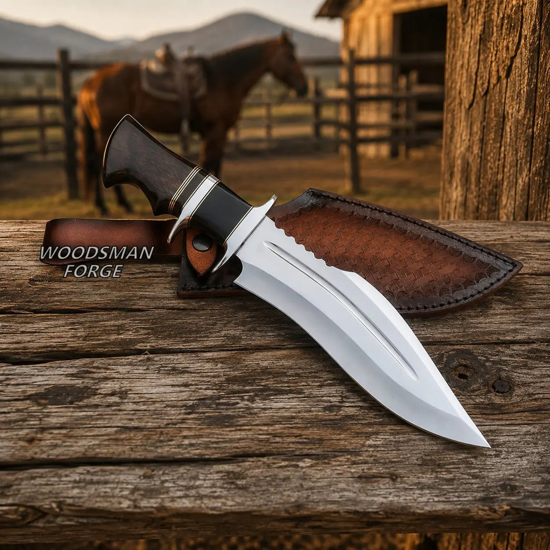 A fixed-blade knife with a polished silver blade, dark wood handle, and brown leather sheath, resting on a rustic wooden fence in a western-themed setting with a horse and mountains blurred in the background. The text &