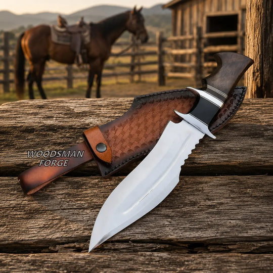 A fixed-blade knife with a polished silver blade and dark handle, displayed beside a brown leather sheath on a rustic wooden surface. A blurred horse and barn are visible in the background.