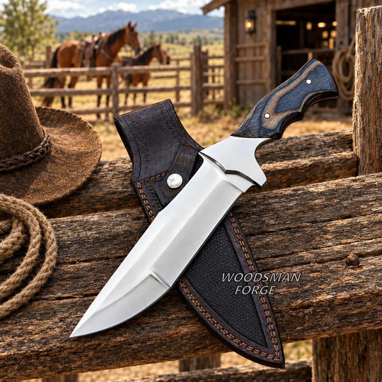 A fixed-blade knife with a polished silver blade and dark wood handle rests on a rustic wooden fence beside a black leather sheath. A cowboy hat and rope are nearby, with a horse stable, horses, and mountains in the blurred background.