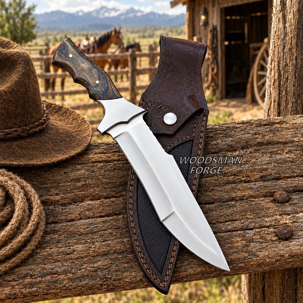 A fixed-blade knife with a polished silver blade and a dark wood handle rests on a rustic wooden fence next to a brown leather sheath. A brown cowboy hat and coiled rope are visible on the left, with a blurred outdoor ranch background featuring horses and mountains.