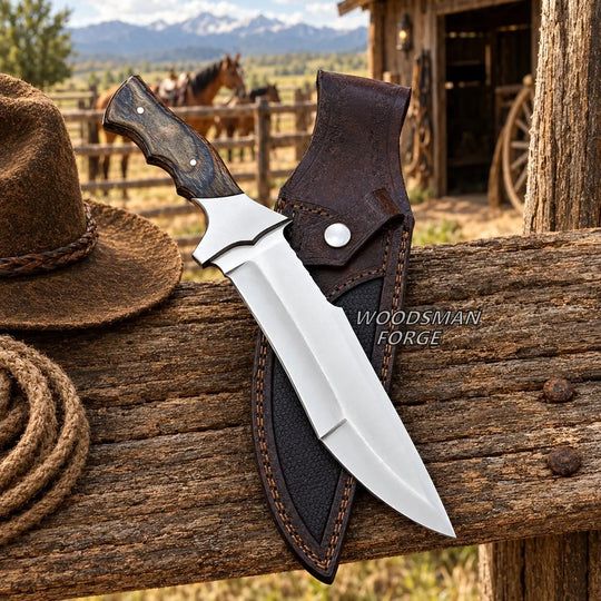 A fixed-blade knife with a polished silver blade and a dark wood handle rests on a rustic wooden fence next to a brown leather sheath. A brown cowboy hat and coiled rope are visible on the left, with a blurred outdoor ranch background featuring horses and mountains.