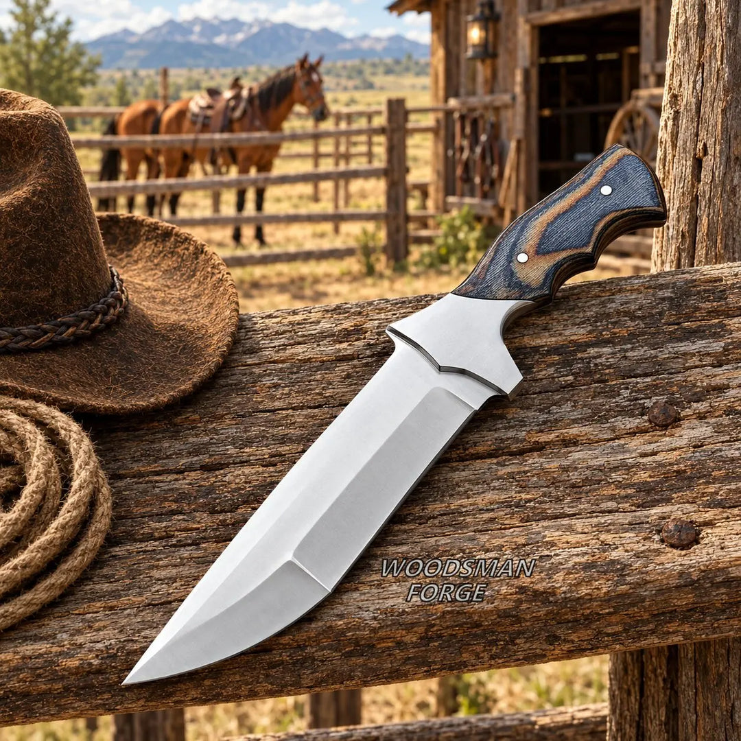 A large fixed-blade knife with a satin-finished silver blade and a dark wood-and-stainless handle rests on a rustic wooden fence rail. A brown cowboy hat and coiled rope sit beside it, with a barn, horses, and mountains blurred in the background.