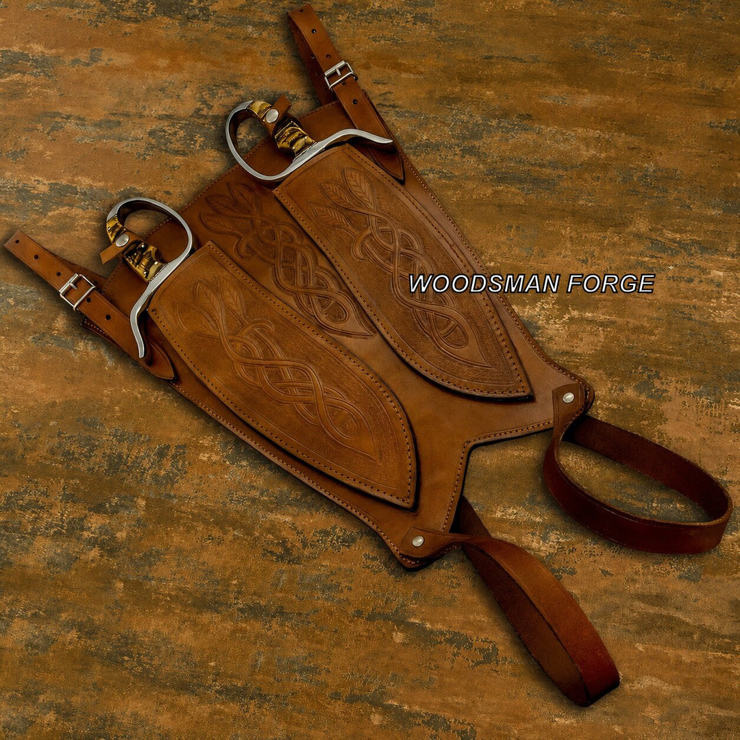 A brown leather chaps leg warmer with tooled Celtic knot patterns and silver-toned metal buckles, displayed on a rustic textured brown background with a &