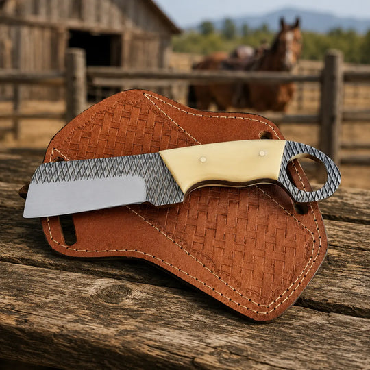 A fixed-blade knife with a textured silver blade, cream-colored handle scales, and a patterned black-and-silver handle loop, resting on a brown woven leather sheath over a rustic wooden surface. The background shows a blurred outdoor scene with a barn and a horse.