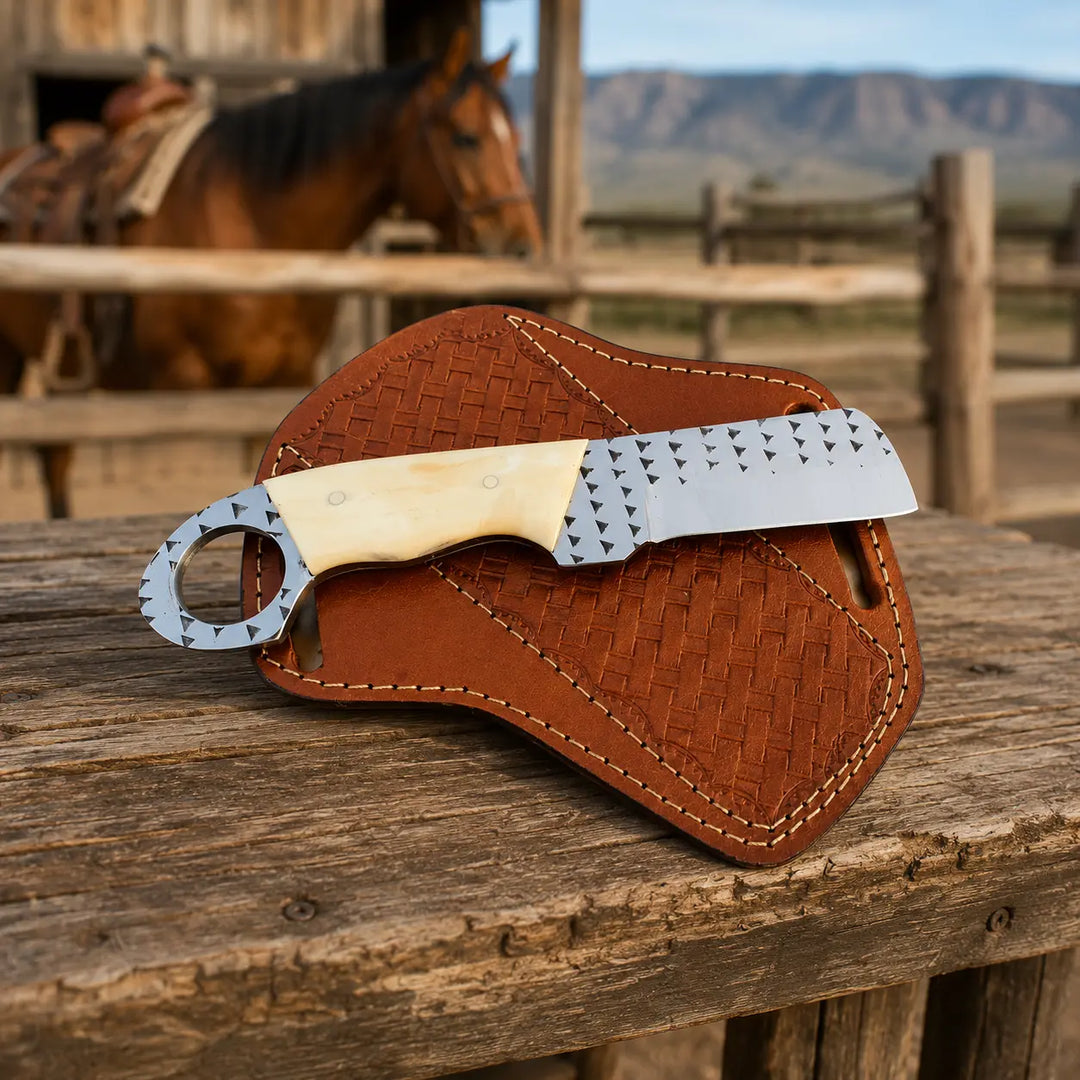 A fixed-blade knife with a textured silver blade and light wood handle rests on a brown woven leather sheath, placed on a rustic wooden table with a horse and fence in the background.
